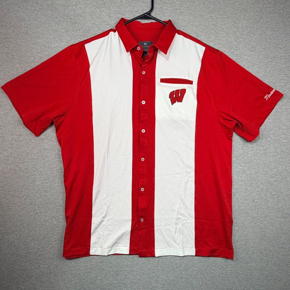 Colosseum Wisconsin Badgers Mens XXL Red White Striped Bowling Button Down Shirt
